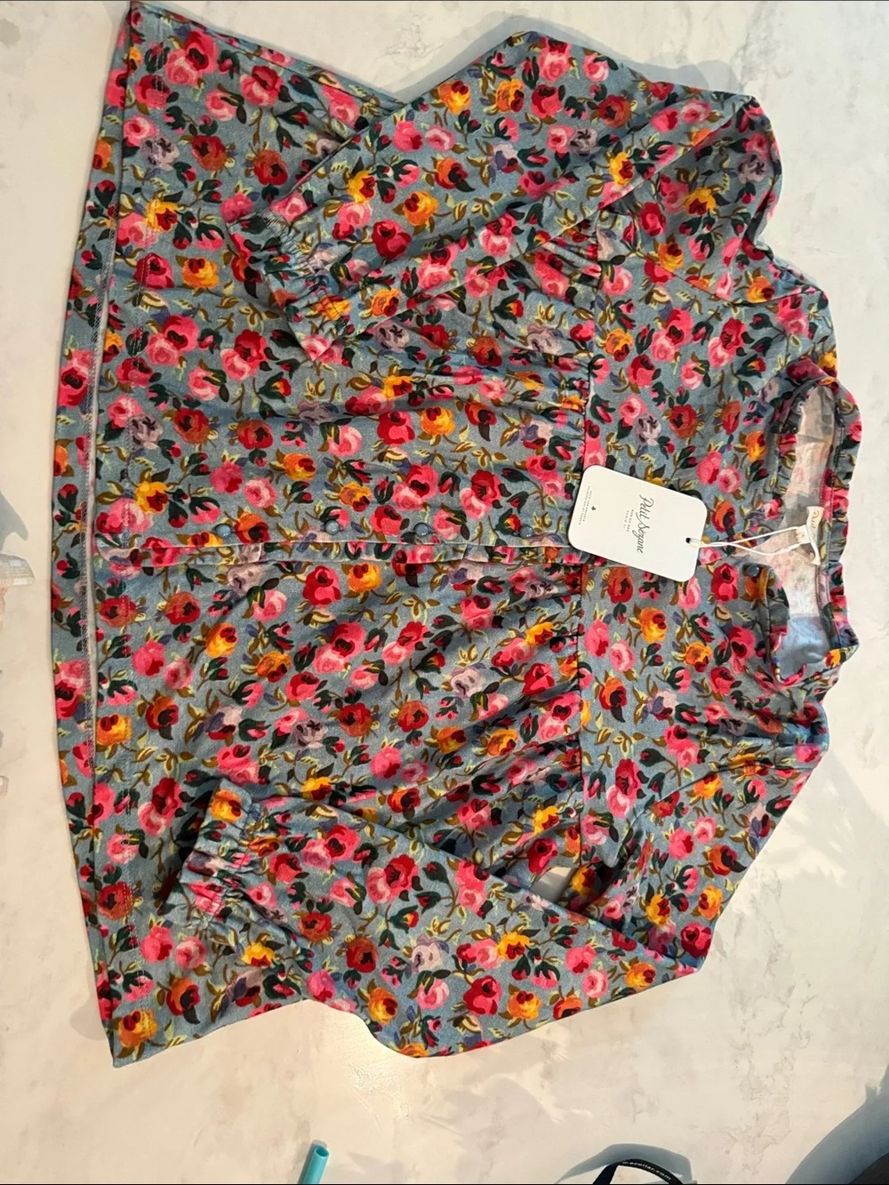 Petit Sézane Floral Button-Up Pierro Blue Top Pink & Yellow Roses size 12 New